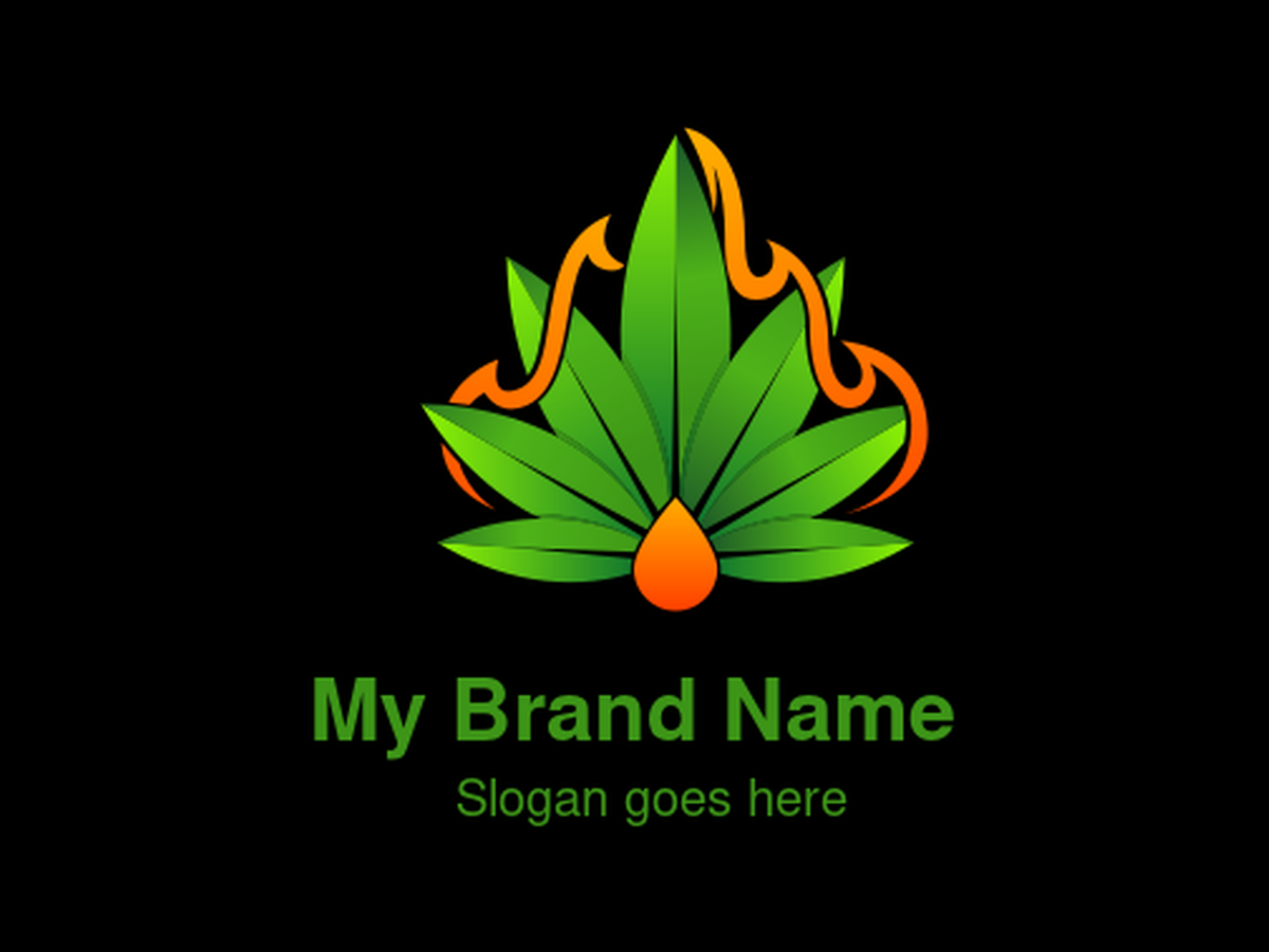 Vibrant Green Cannabis Leaf with Orange Fire Flames and Oil Drop – Ideal for Premium CBD Oils, Energizing Cannabis Products, and High-Potency Wellness Brands